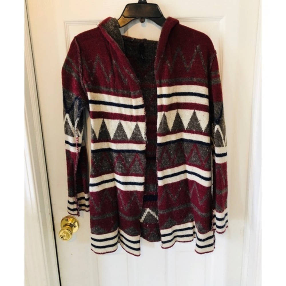 ELAN burgundy Western Aztec wool blend hooded cardigan sweater size small